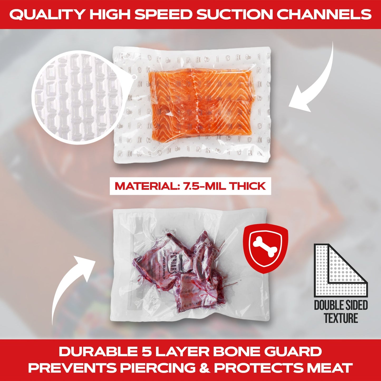 ForJars vacuum sealer roll, 8-inch by 150 ft textured double-sided bags, 7.5 mil thickness for food preservation and storage.
