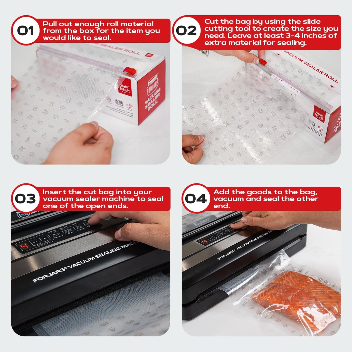 ForJars vacuum sealer roll, 8-inch by 150-foot textured double-sided bags, 7.5 mil thick for food preservation and storage.