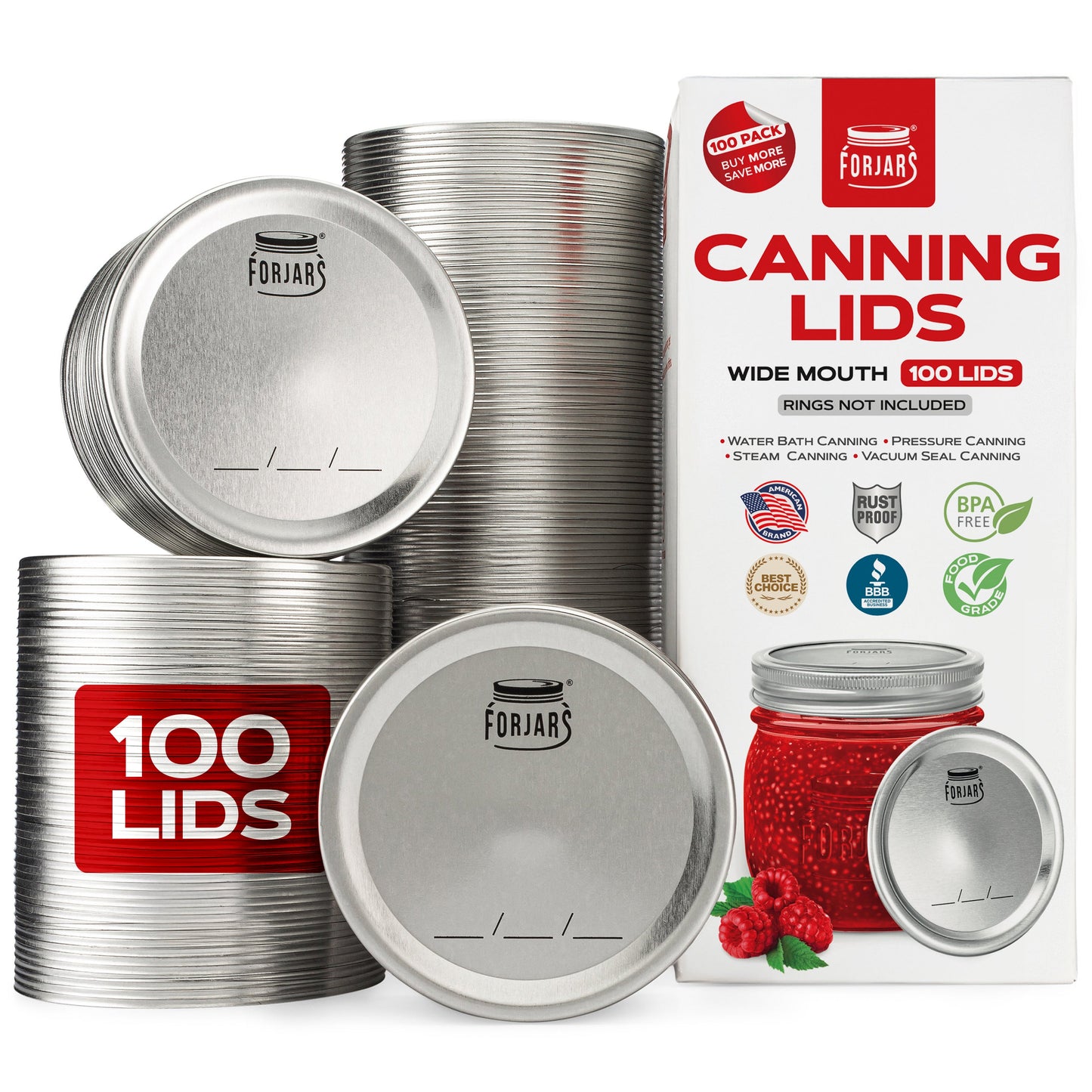 Set of 100 ForJars wide mouth canning lids with metal tops, designed for preserving jars and food storage.
