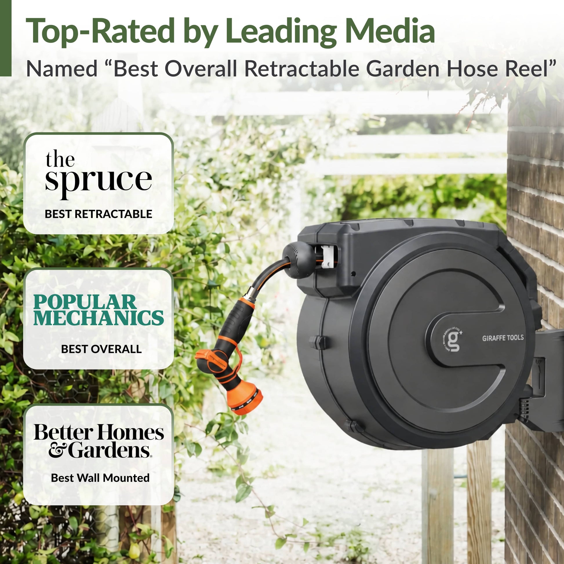 Giraffe Tools US retractable garden hose reel with 62ft-155ft hose, mounted on a wall in a garden setting.