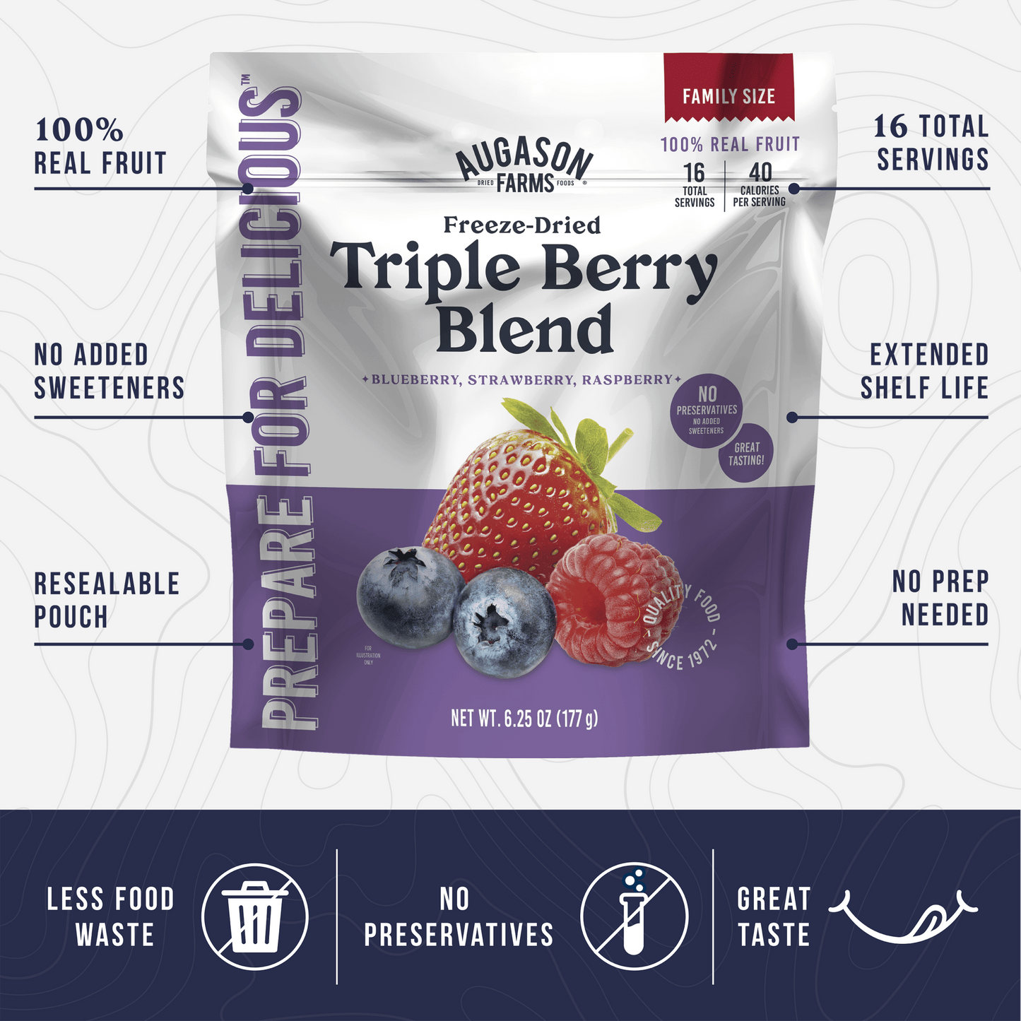 Freeze Dried Triple Berry Blend Family Size Pouch, 16 Servings - Blessings Grow Meadows