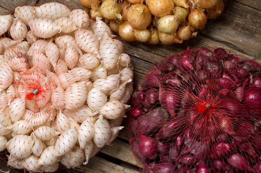 Mixed red, white, and yellow onion sets from Fresh Garden Living, 50-60 non-GMO onion bulbs for planting and gardening.