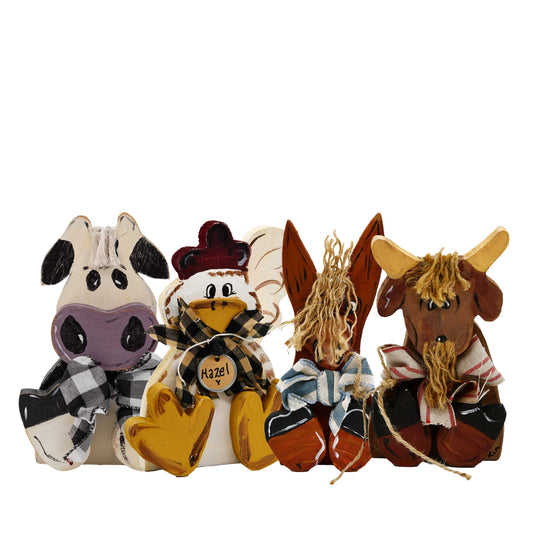 Rustic wooden farm friends bundle featuring painted animal decor for home and garden, including barnyard animal figures.