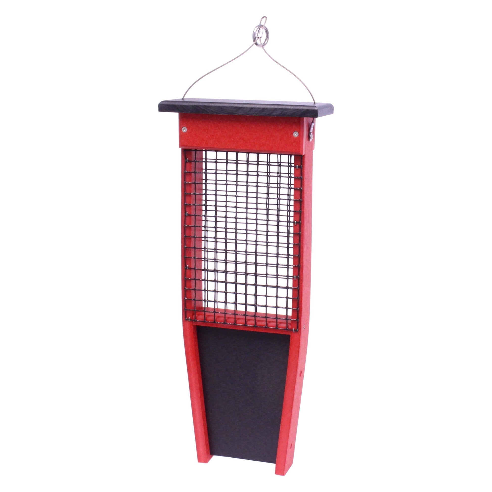 Pileated Woodpecker suet bird feeder from AmishToyBox.com holding two suet cakes, made of wood with a roof and hanging hook.