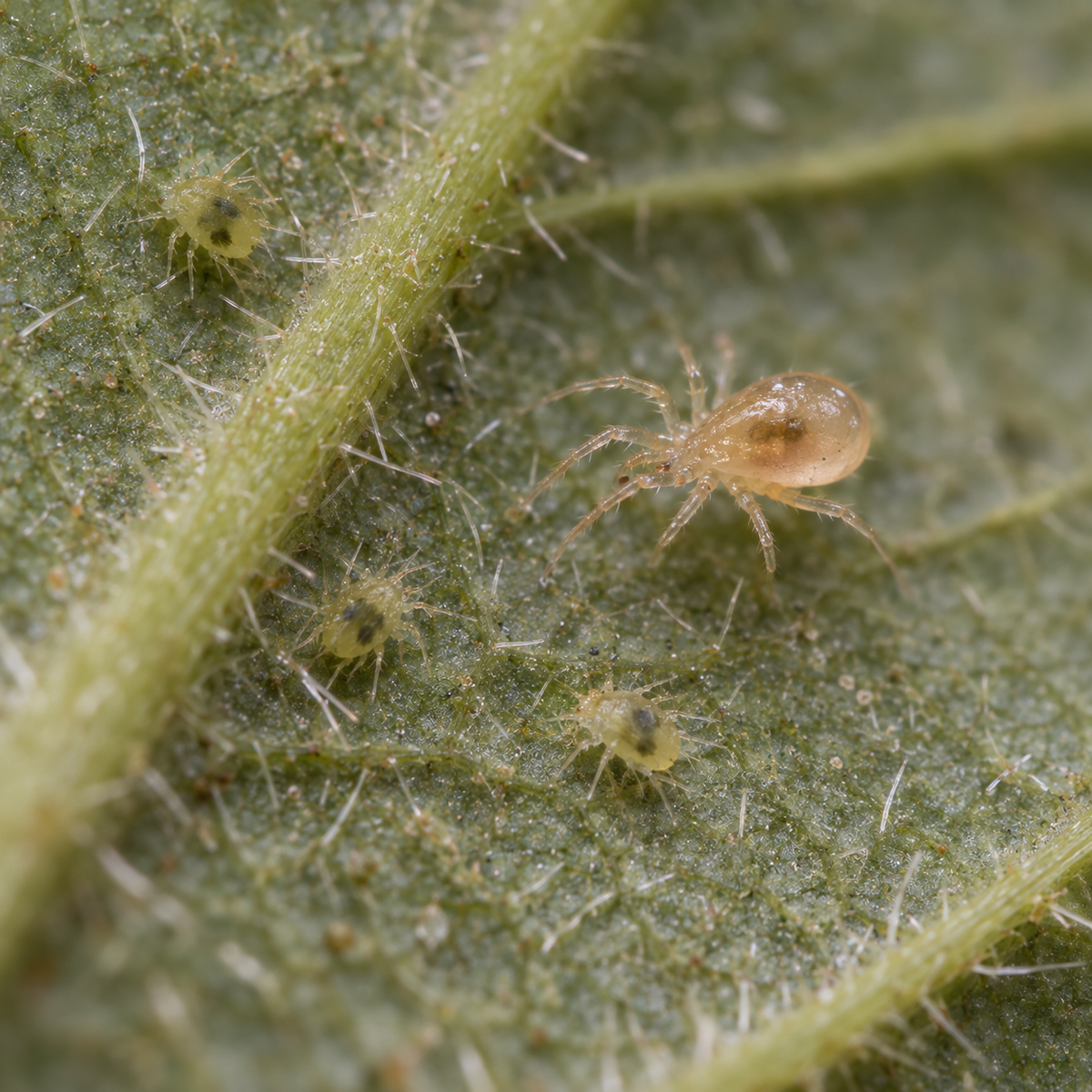 FGMN Nursery Amblyseius andersoni treatment bottles with predatory mites on a leaf for pest control.