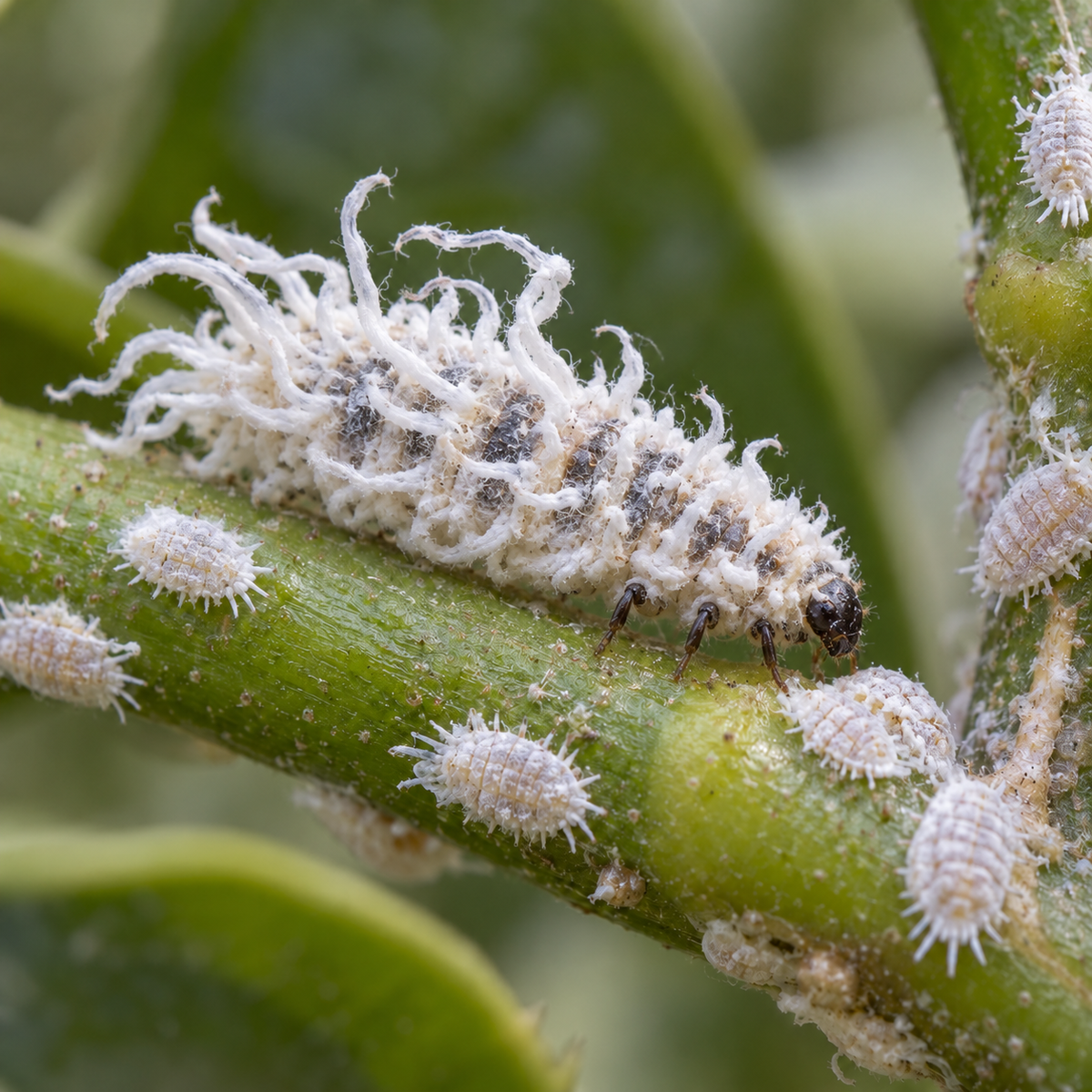 Cryptolaemus montrouzieri larvae treating mealybugs, natural biological pest control from FGMN Nursery.