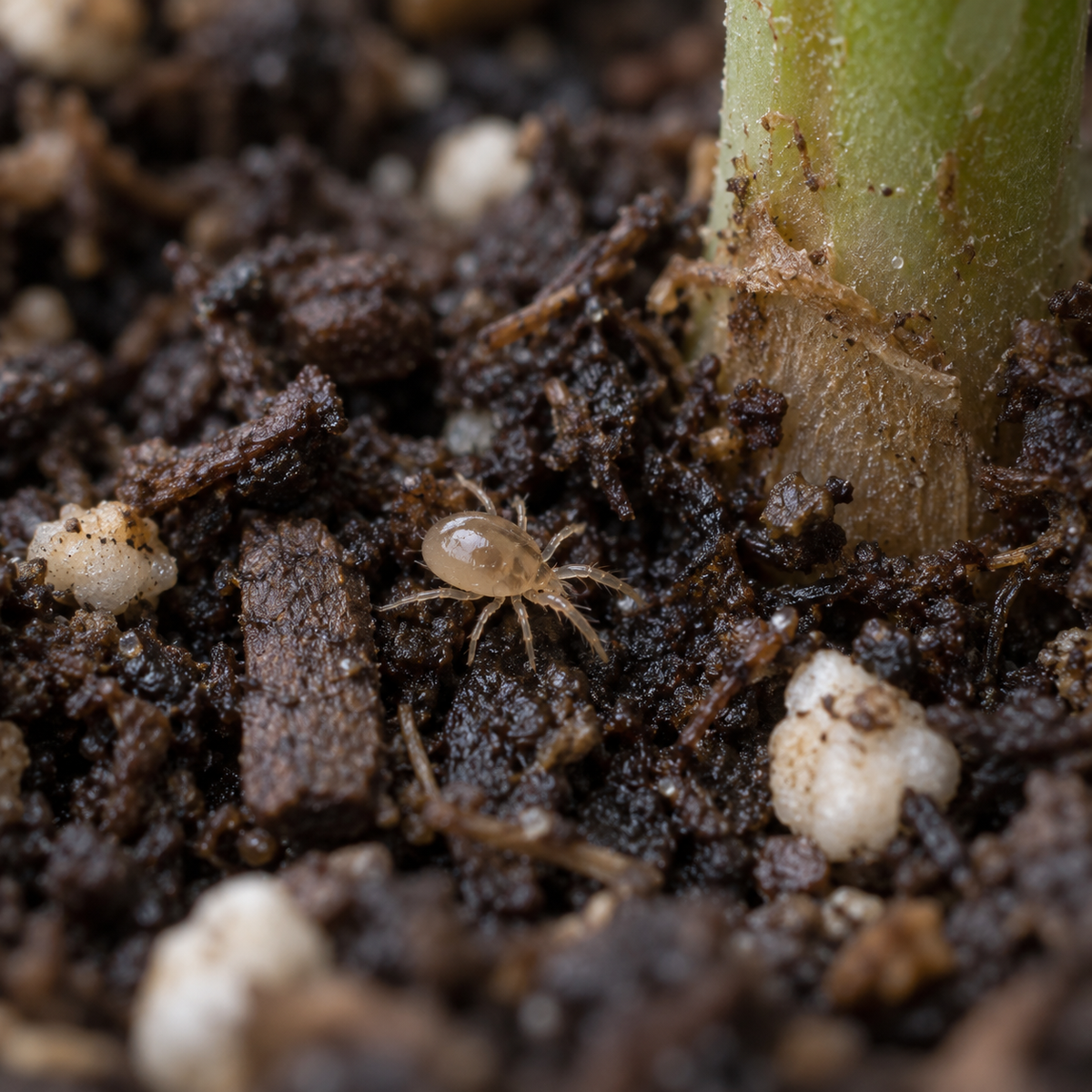 Stratiolaelaps scimitus (Hypoaspis miles) beneficial mite treatment on soil for pest control, by FGMN Nursery.