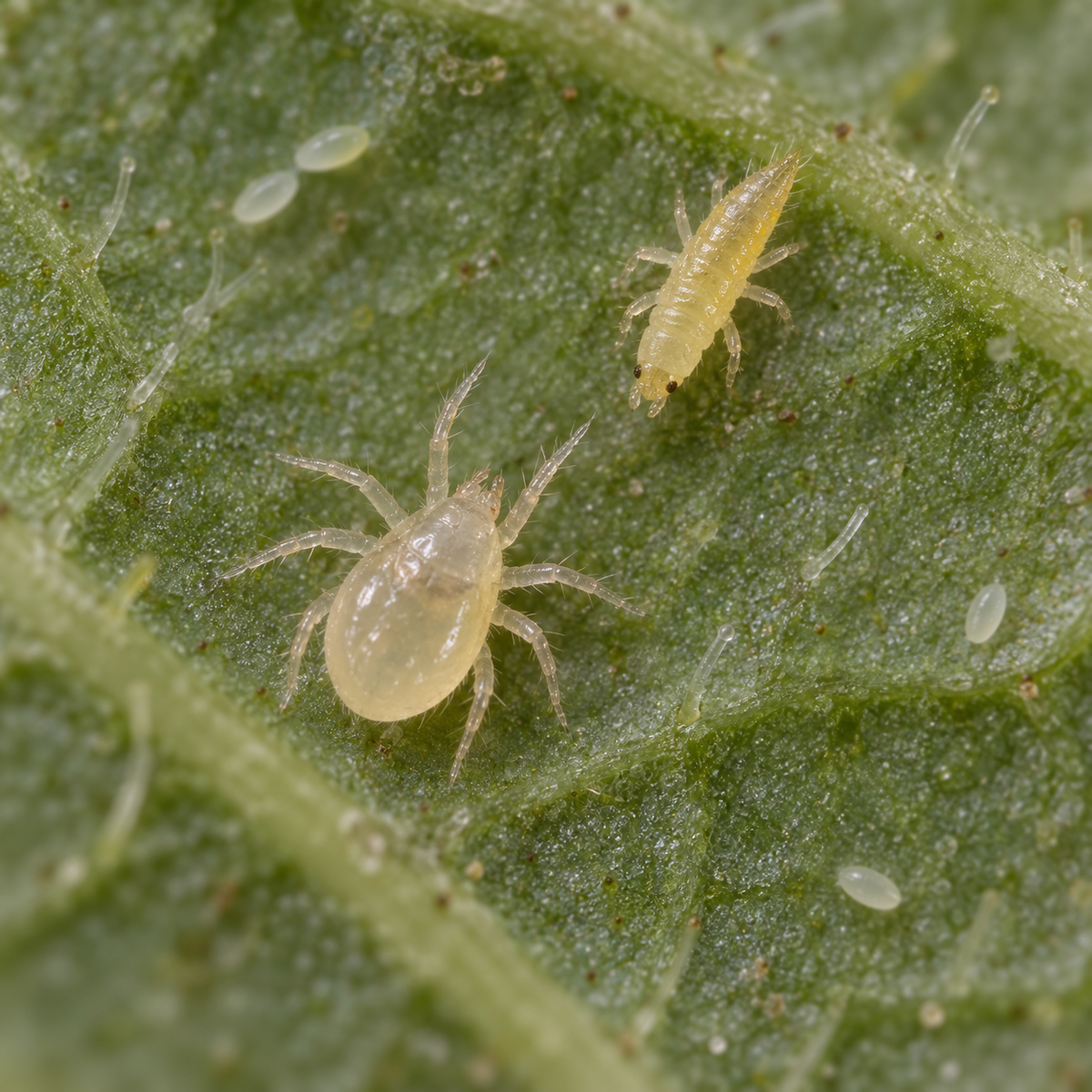 Amblyseius swirskii beneficial mite treatment bottles by FGMN Nursery, showing mites on thrips larvae for pest control.