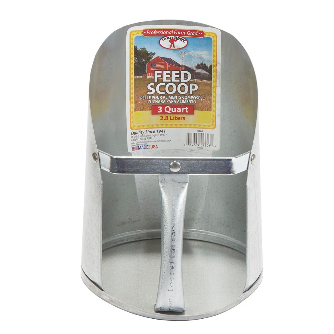 Galvanized feed scoops by Jeffers, durable metal livestock feeding tools for farm and ranch use, shown in a close-up view