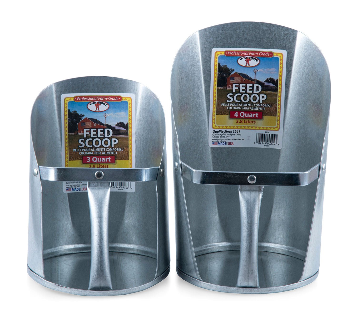 Galvanized feed scoops for livestock feeding, made by Jeffers, with durable metal construction and ergonomic handles.