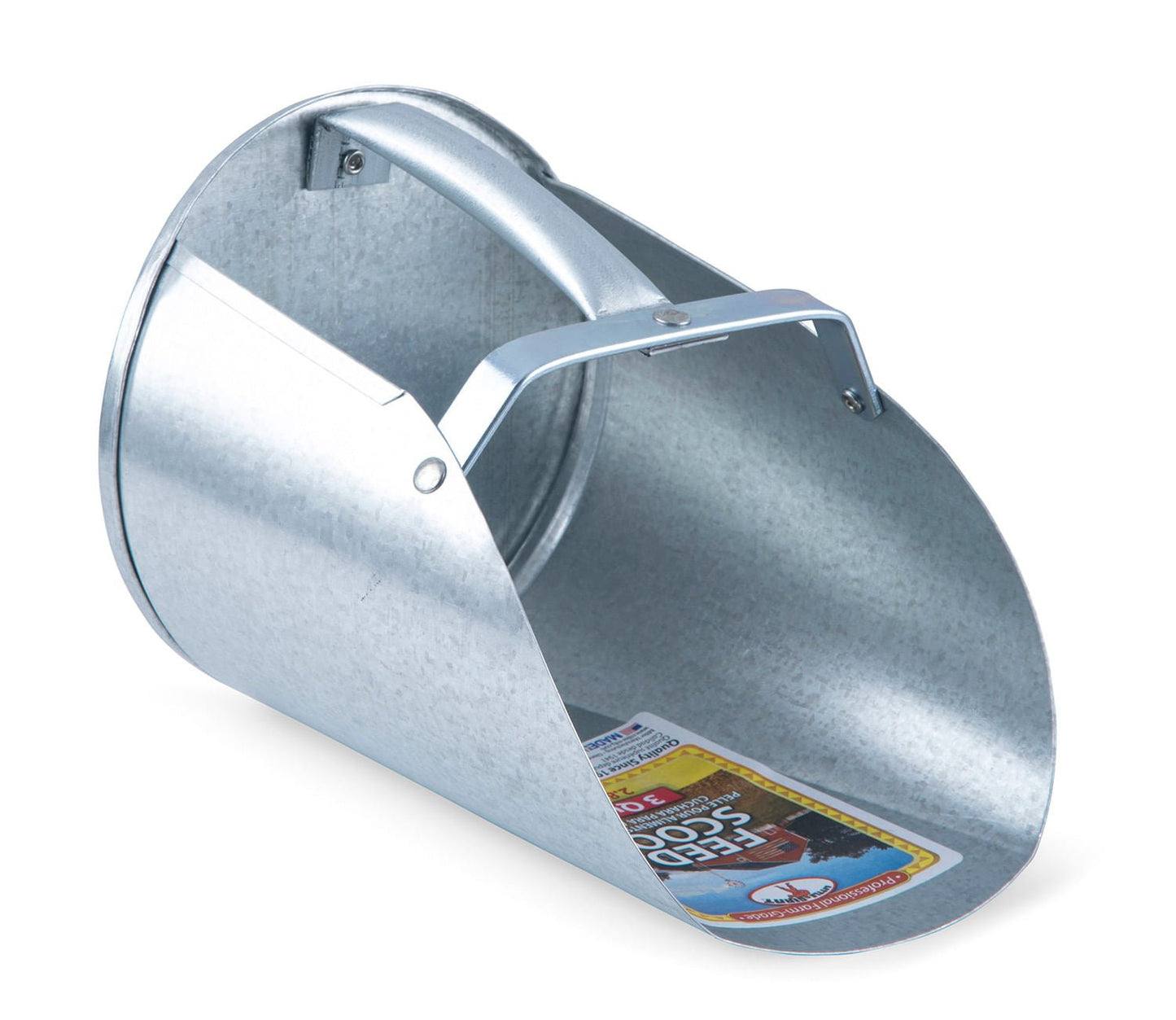 Galvanized feed scoops for farm and ranch use, durable livestock feeders, branded by Jeffers, shown in a natural outdoor setting.