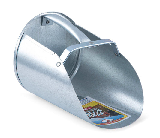 Galvanized feed scoops for farm and ranch use, durable livestock feeders, branded by Jeffers, shown in a natural outdoor setting.