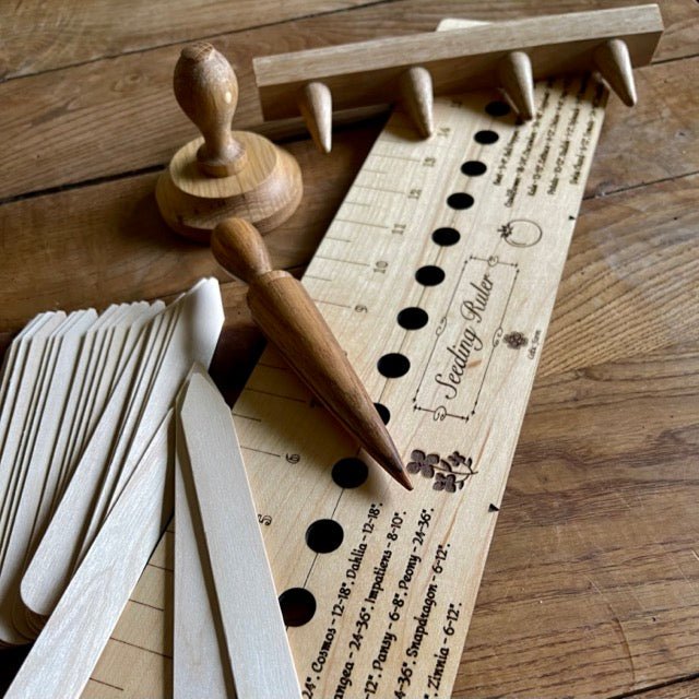 Garden Gift Set - American Hardwood Seed and Bed Ruler, Dibblers, Pot Tamper and Markers - Blessings Grow Meadows