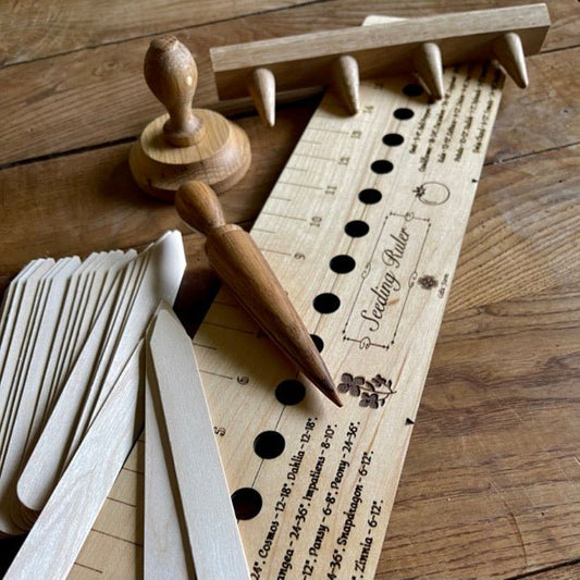 Garden Gift Set - American Hardwood Seed and Bed Ruler, Dibblers, Pot Tamper and Markers - Blessings Grow Meadows