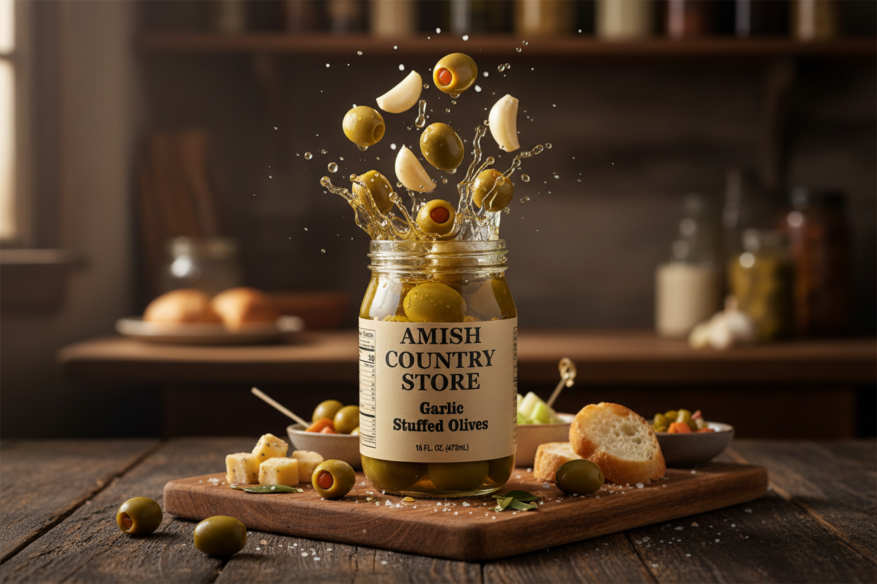 Canned garlic stuffed olives in a 16oz jar from Amish Country Store, showing green olives filled with garlic cloves.