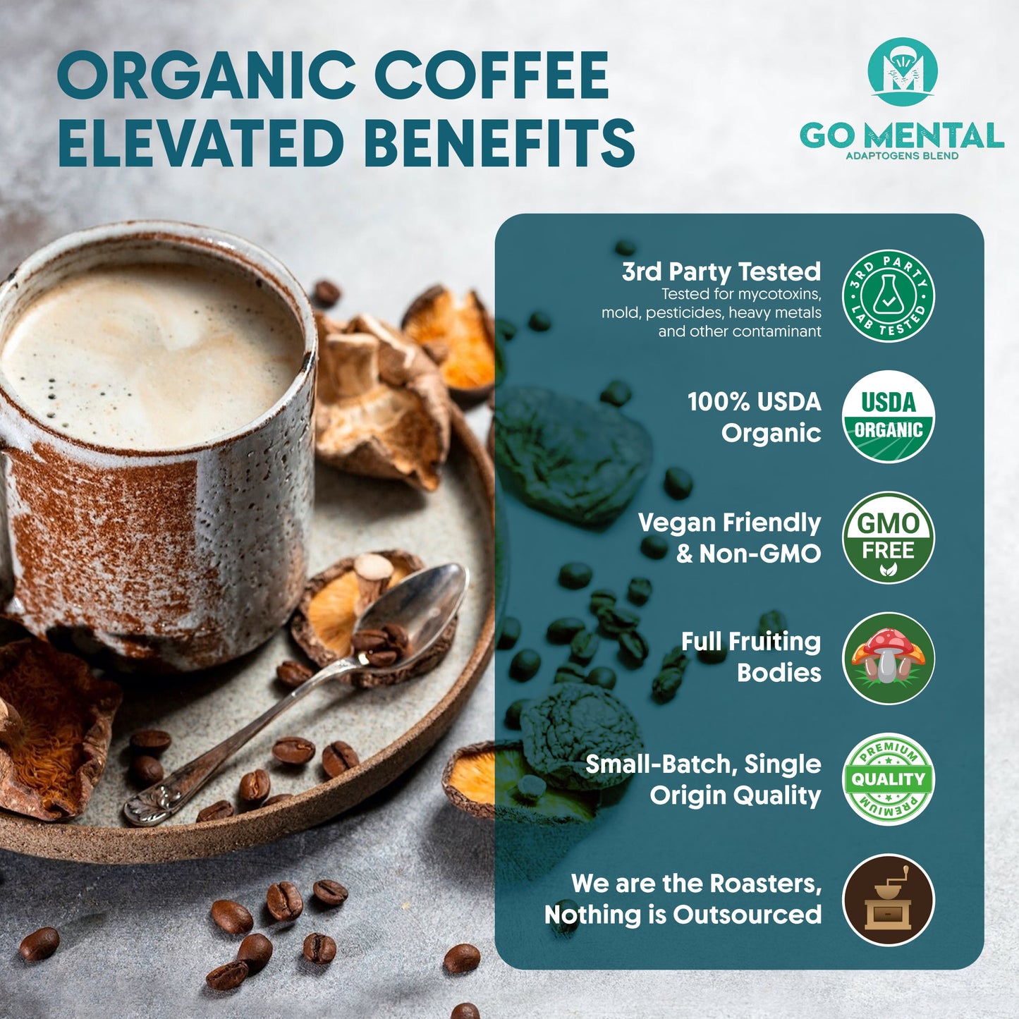 Dark roast organic Lion's Mane and Chaga mushroom coffee from GO MENTAL MUSHROOM COFFEE, showing a steaming cup on a rustic surface.