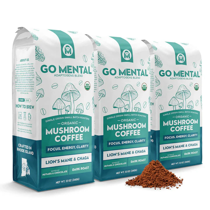 Dark roast organic mushroom coffee blend with Lion's Mane and Chaga mushrooms by GO MENTAL MUSHROOM COFFEE.