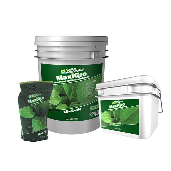 Dry fertilizer bag of General Hydroponics MaxiGro plant food for vigorous growth, 10-5-14 nutrient formula, 50 lbs.