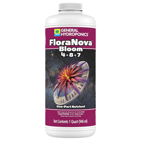Liquid fertilizer bottle labeled General Hydroponics FloraNova Bloom 4-8-7, Perris Hydroponics, 32oz, one-part nutrient for plants.