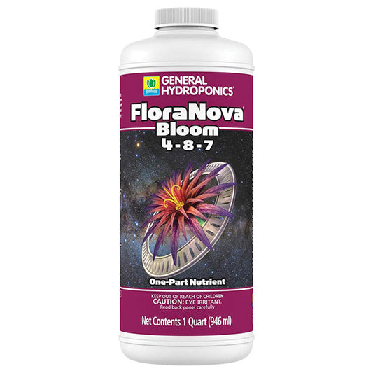 Liquid fertilizer bottle labeled General Hydroponics FloraNova Bloom 4-8-7, Perris Hydroponics, 32oz, one-part nutrient for plants.