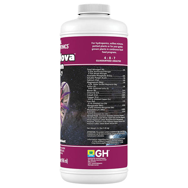 General Hydroponics FloraNova Bloom liquid fertilizer in a 1-quart bottle, nutrient for healthy plant flowering and blooming.