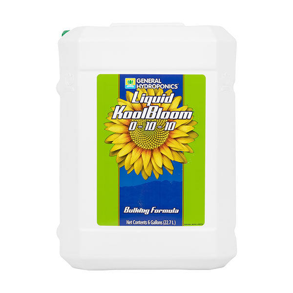 Liquid KoolBloom fertilizer by General Hydroponics, 6-gallon bottle, showing the nutrient label and packaging for plant bulking.