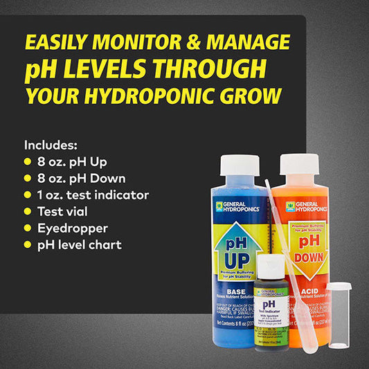 General Hydroponics pH Control Kit with pH up, pH down, and test indicators for hydroponic plant pH management.