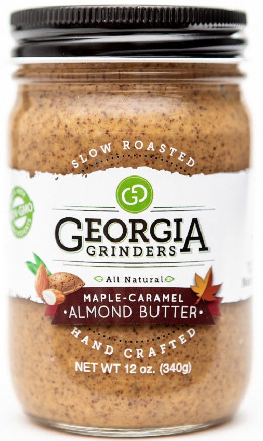 Georgia Grinders Maple Caramel Almond Butter and Honey Roasted Almond Butter Mix Pack (two 12oz jars of each) by Georgia Grinders, featuring all-natural, handcrafted California almonds in non-GMO glass jars with almond illustrations on white backgrounds.