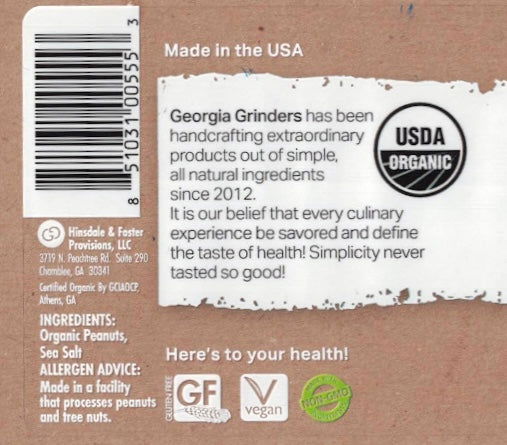 The label for Georgia Grinders 64oz Bulk Tub of Organic Crunchy Peanut Butter (CP-CL) features USDA Organic and Georgia Grown badges, with ingredient, allergen, and company details on a brown paper background.