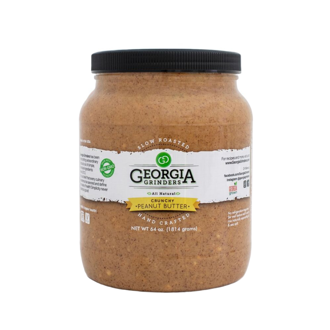 Georgia Grinders Bulk 64oz Tub of Crunchy Peanut Butter (CP-CL) features Georgia Grown peanuts, kosher sea salt, a black lid, and a white label with branding and product details.
