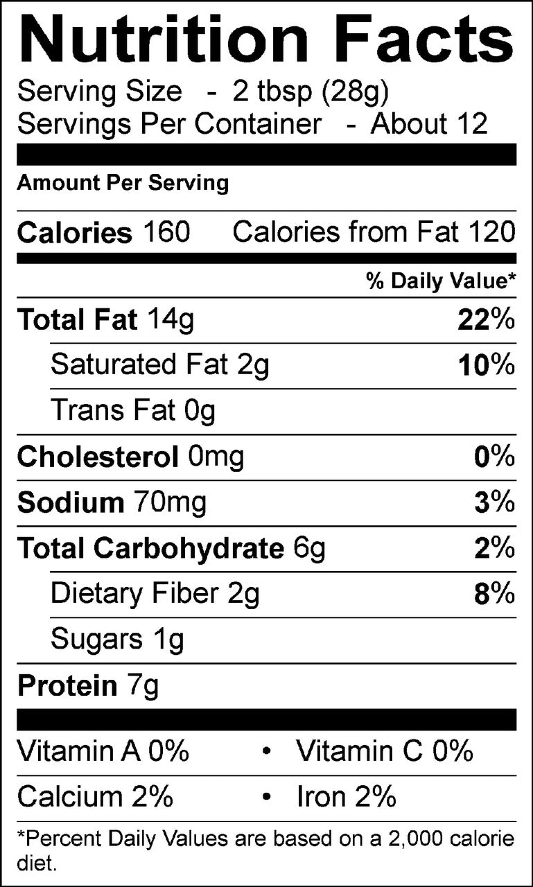 Georgia Grinders Bulk 64oz Tub of Crunchy Peanut Butter nutrition label lists serving size, calories, fat, cholesterol, sodium (with kosher sea salt), carbs, protein (from Georgia Grown peanuts), vitamins, calcium, and iron per serving.