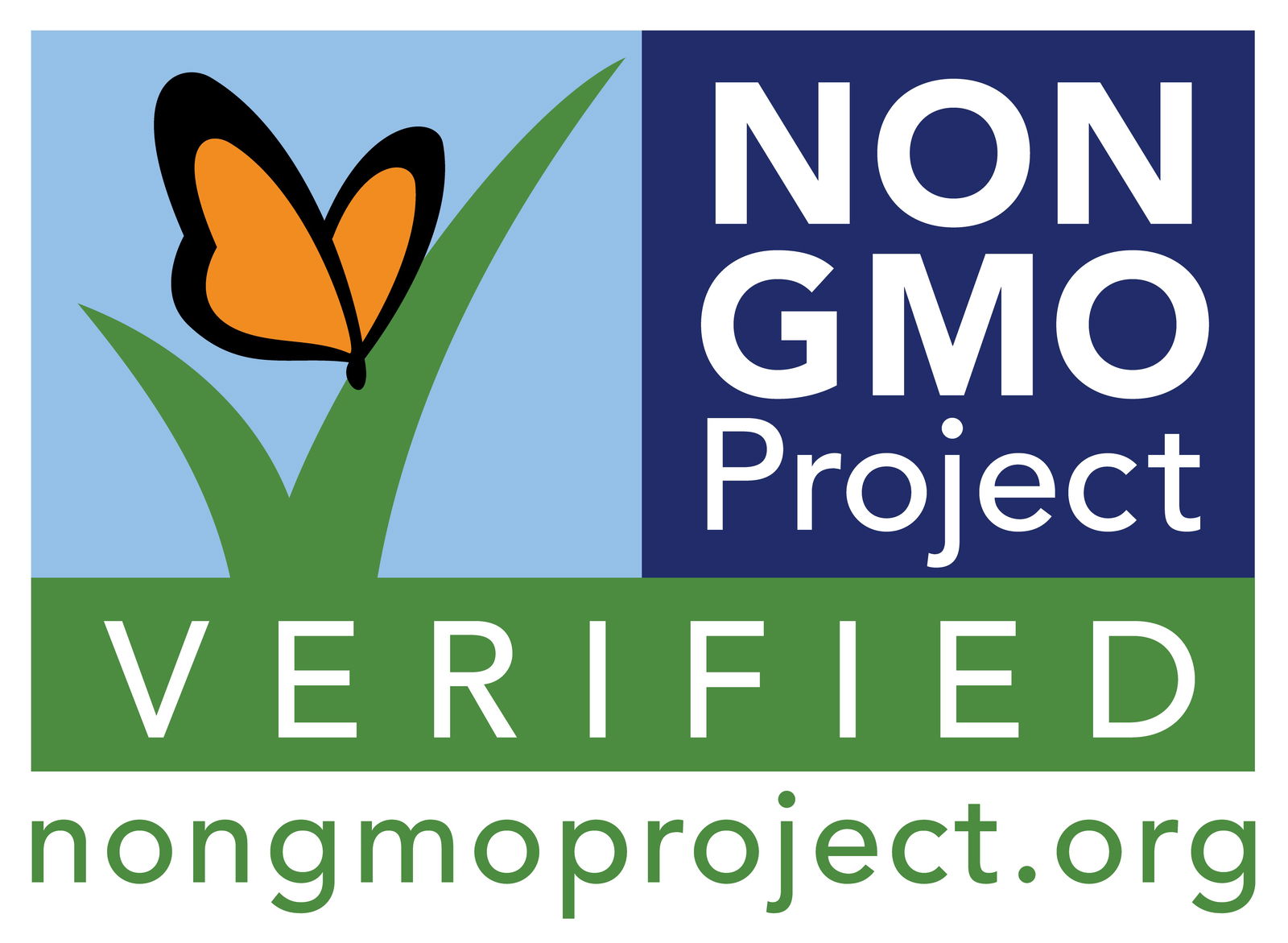 The Non-GMO Project Verified logo, with an orange and black butterfly on green grass and “nongmoproject.org” below, is ideal for Georgia Grinders Bulk 64oz Tub of Crunchy Peanut Butter by Georgia Grinders.