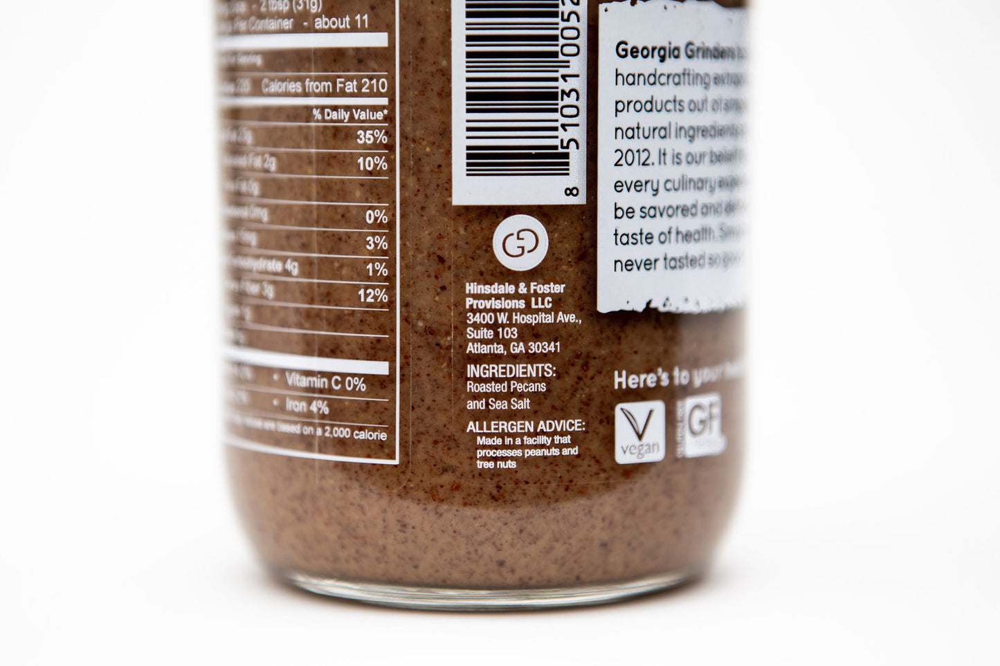 Close-up of Georgia Grinders 12 oz WHOLE30 Nut Butter Assortment 4 Pack label, showing ingredients, allergen info, company address, barcode, and vegan/gluten-free icons. Includes Almond, Cashew, Pecan & Hazelnut Butter—ideal for health-conscious fans.
