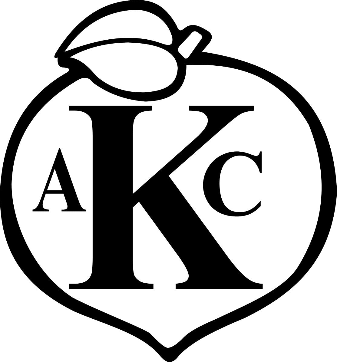 Black line drawing of a peach with leaf, “K” centered, “A” left, “C” right—ideal for labeling Georgia Grinders 64 oz Bulk Tub of Honey Roasted Almond Butter (CP-CL) as vegan friendly.