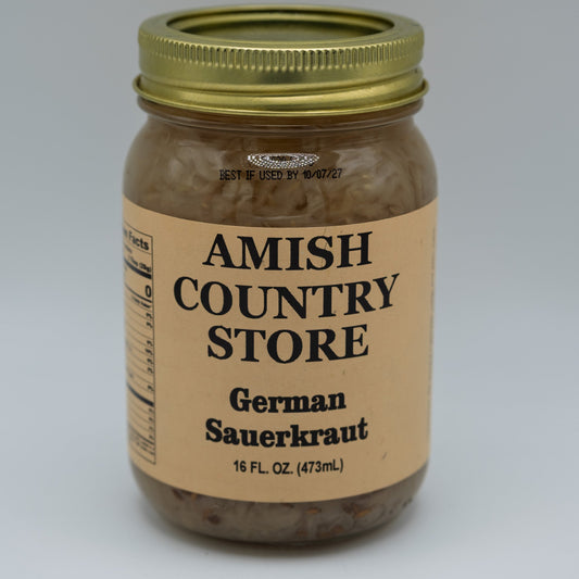 Canned German Sauerkraut in a jar from Amish Country Store, showing the fermented cabbage product with a label and lid.