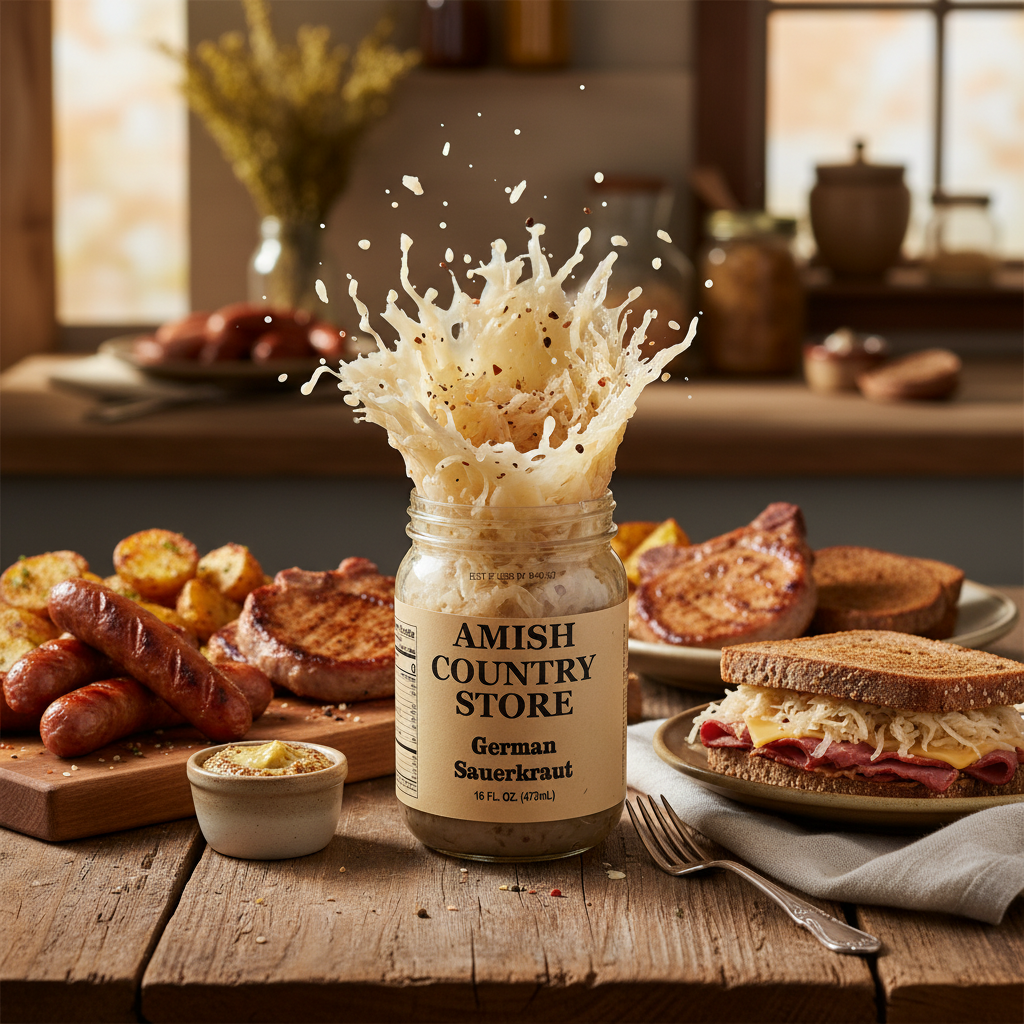 Canned German Sauerkraut in a jar from Amish Country Store, showing the fermented cabbage product ready for cooking or serving.