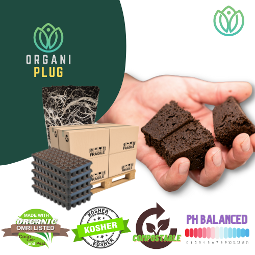 GrowersHouse OrganiPlug seed and cutting plugs in a tall pallet tray, pre-filled with 50 organic propagation plugs.