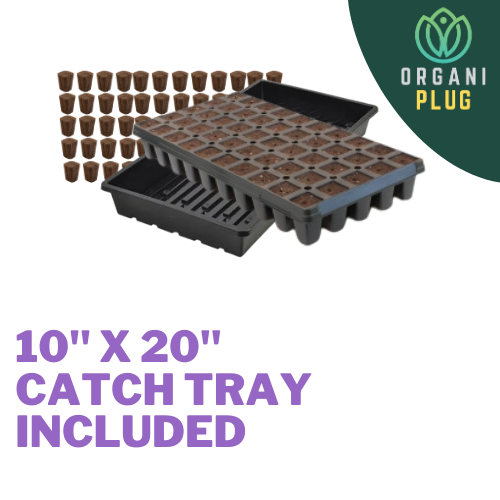 GrowersHouse OrganiPlug seed and cutting plugs in a tray, showing 50 tall pre-filled plugs for plant propagation.