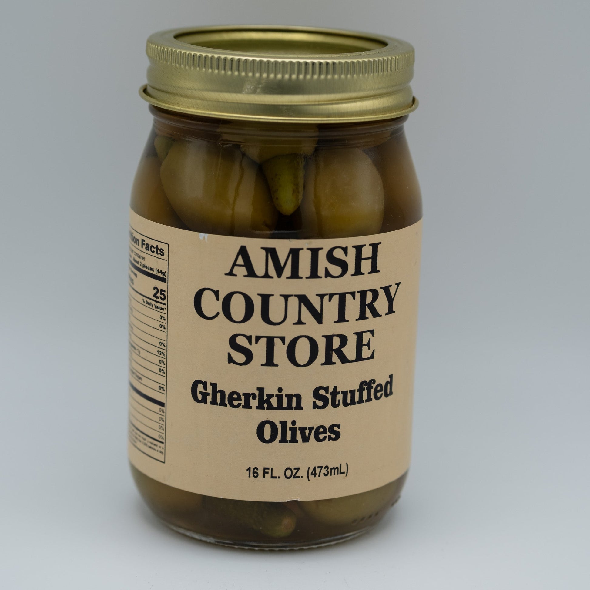 Canned Gherkin Stuffed Olives from Amish Country Store in a 16oz jar, showing bright green olives filled with pimento.