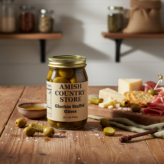 Canned Gherkin Stuffed Olives in 16oz jar, Amish Country Store brand, showing green olives filled with pimento inside a clear jar.