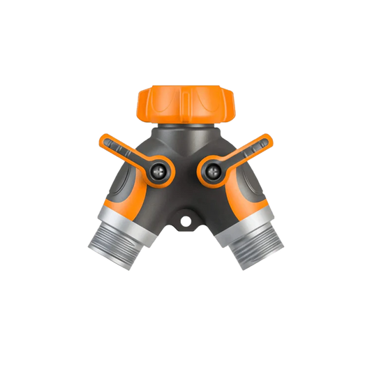 Giraffe Tools US metal water hose splitter for garden watering, with two outlets and durable metal construction.