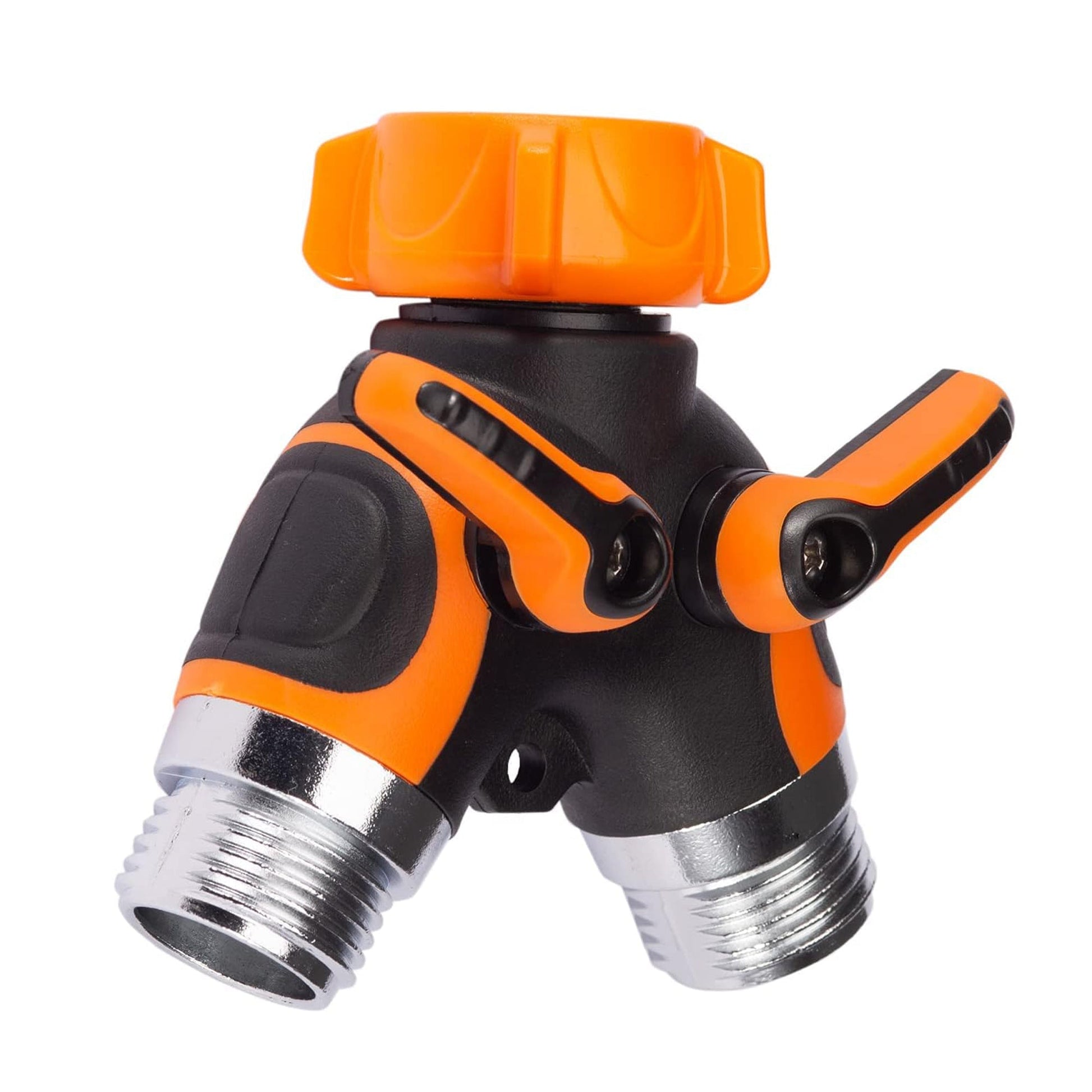 Metal water hose splitter for gardening by Giraffe Tools US, attaches to garden hoses for dual watering outlets.