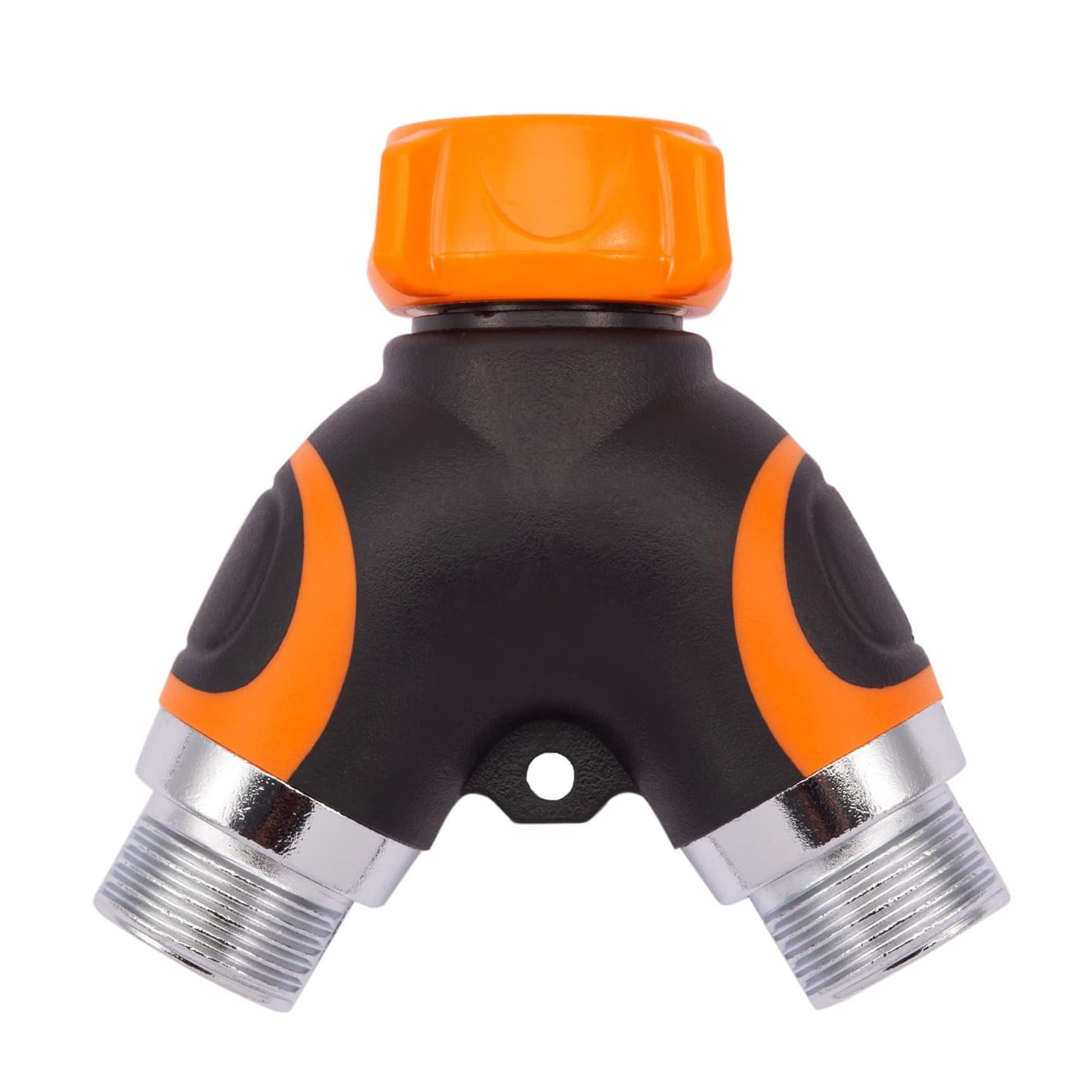 Giraffe Tools US metal water hose splitter attached to garden hoses for watering plants and garden irrigation.