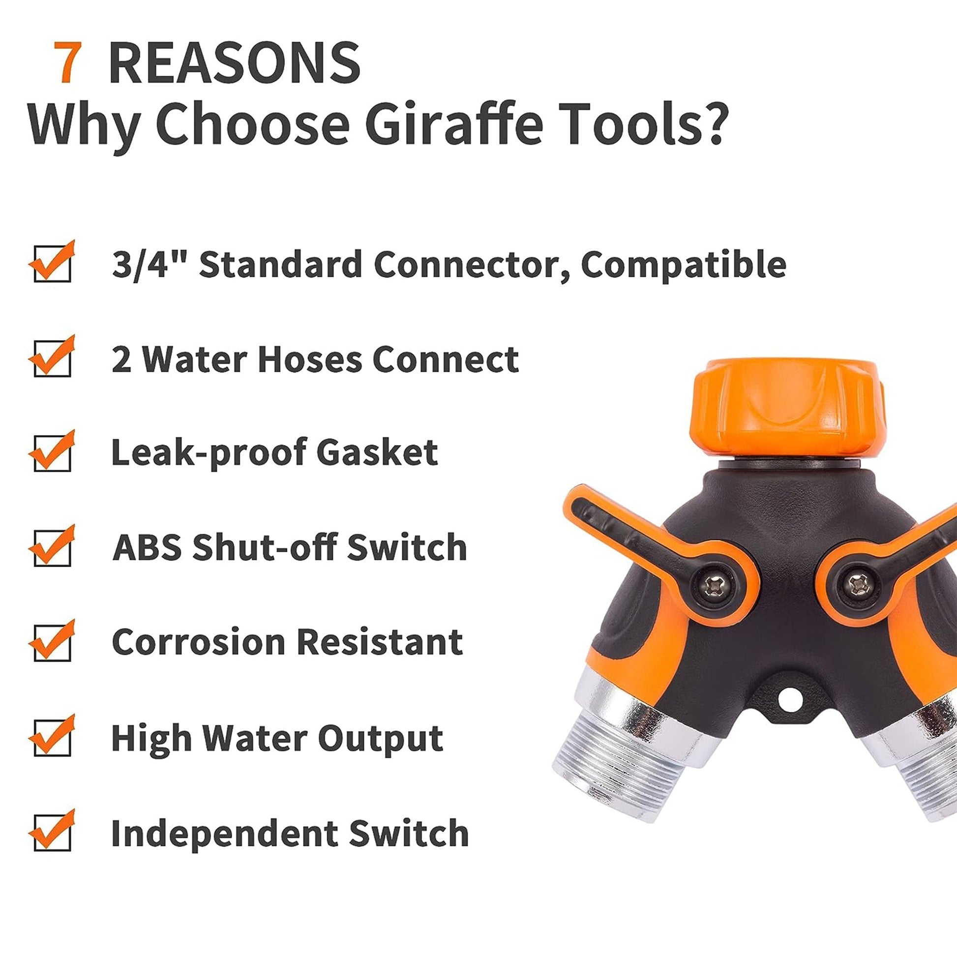 Giraffe Tools US metal water hose splitter for gardening, connects two hoses, durable metal construction, standard 3/4 inch fitting.