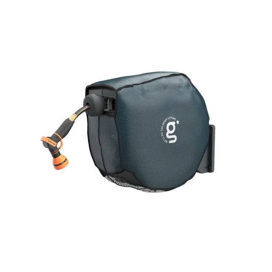 Giraffe Tools US gardening hose reel cover protecting a 90-foot retractable hose reel from weather and debris.