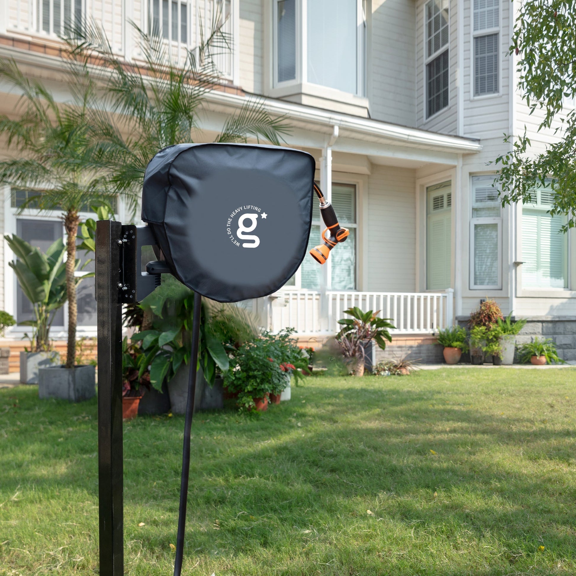 Giraffe Tools US hose reel cover for 90-ft retractable garden hose reel, protects outdoor gardening accessories.