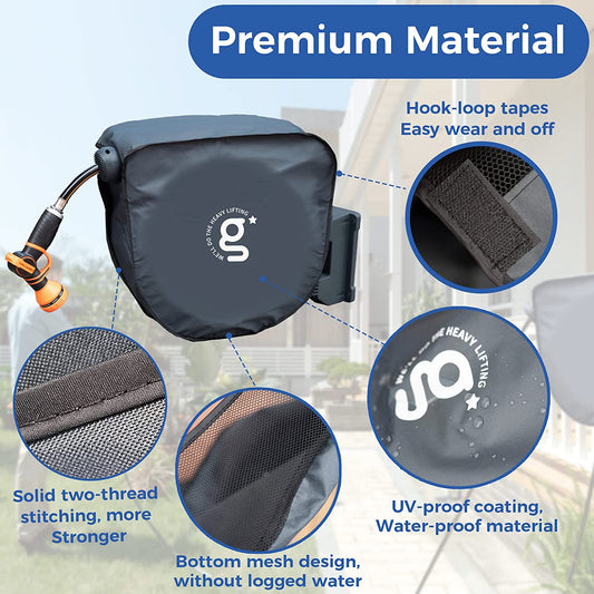 Giraffe Tools US hose reel cover for 90 ft retractable garden hose reel, protects against weather and debris.
