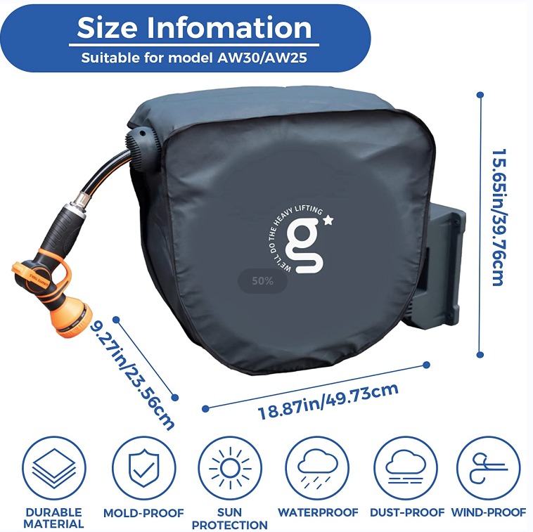 Giraffe Tools US gardening hose reel cover protecting a 90-ft retractable hose reel from weather elements.
