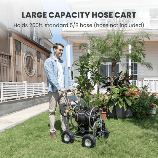 Heavy-duty Giraffe Tools US garden hose reel cart with 4 wheels and manual crank for easy hose storage and transport.