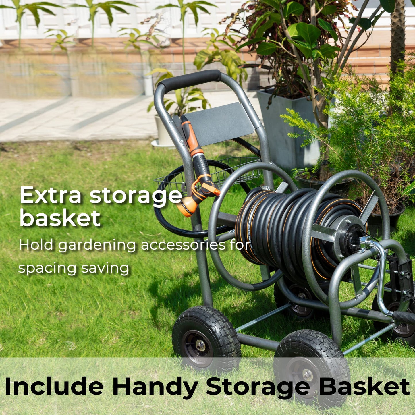 Giraffe Tools US heavy-duty manual crank garden hose reel cart with four wheels for easy outdoor watering.